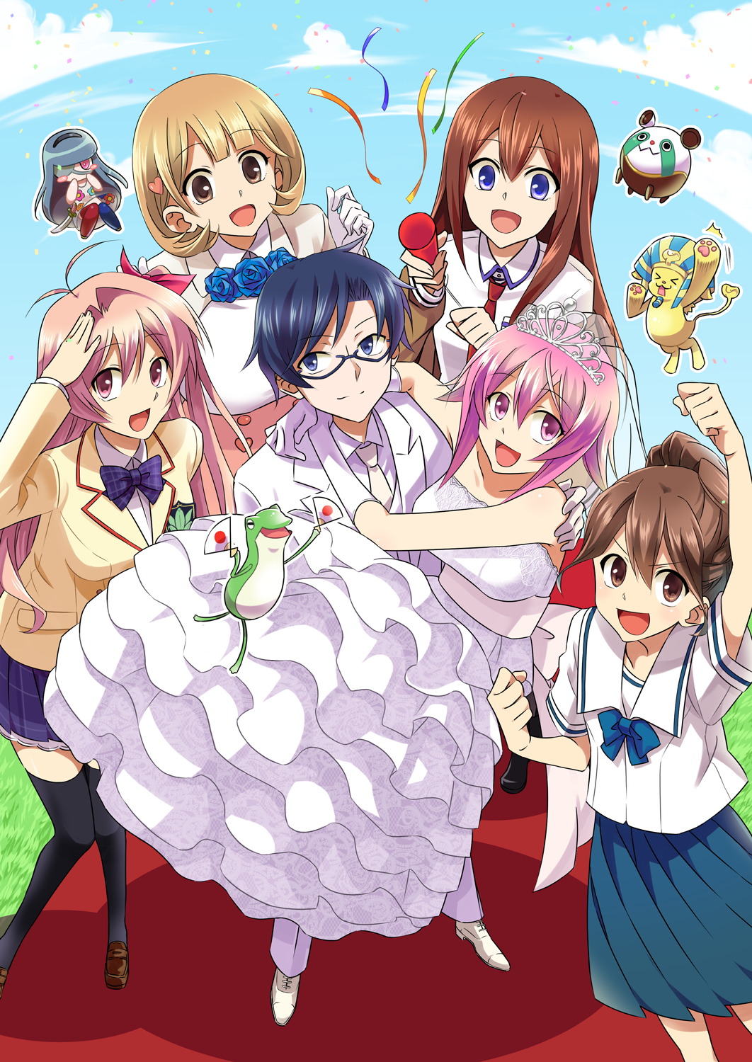 1boy, 5girls, blue_hair, brown_hair, chaos;child, chaos;head, day, dress