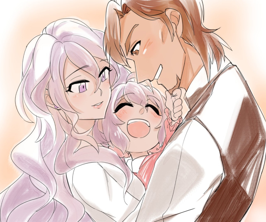 1boy, 2girls, ahoge, blush, brown_eyes, brown_hair, closed_eyes, collared_shirt, facial_hair, family, goatee, grin, group_hug, hair_ornament, hair_scrunchie, hug, lavender_hair, lipstick, long_hair, looking_at_another, makeup, multiple_girls, open_mouth, pink_scrunchie, pink_shirt, ramenko_(pasta_nya), scrunchie, senki_zesshou_symphogear, shirt, simple_background, sleeveless_jacket, smile, sonnet_m._yukine, teeth, twintails, upper_body, violet_eyes, white_shirt, younger, yukine_chris, yukine_masanori