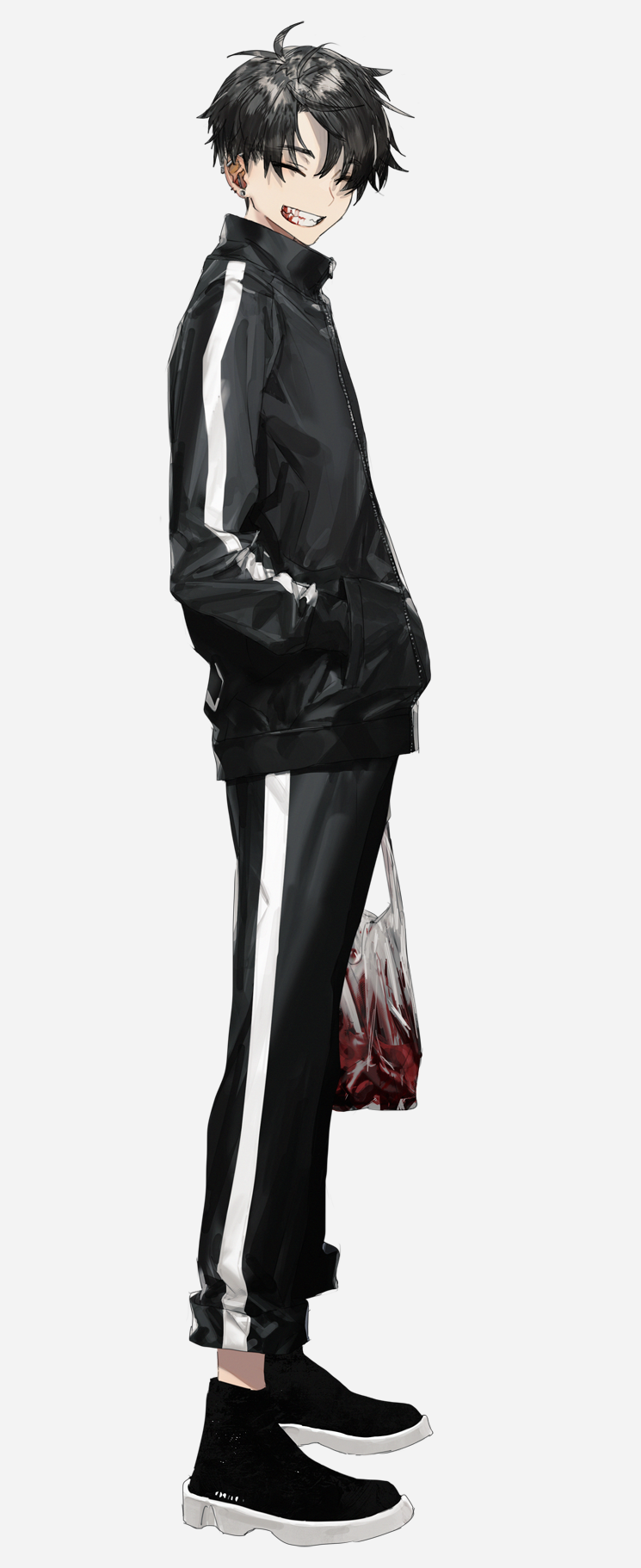 1boy, ankle_boots, black_hair, black_jacket, black_pants, blood, blood_from_mouth, boots