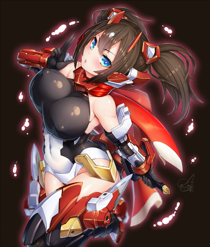 1girl, asra_ninja, blue_eyes, breasts, brown_hair, copyright_request, doyouwantto, kotobukiya
