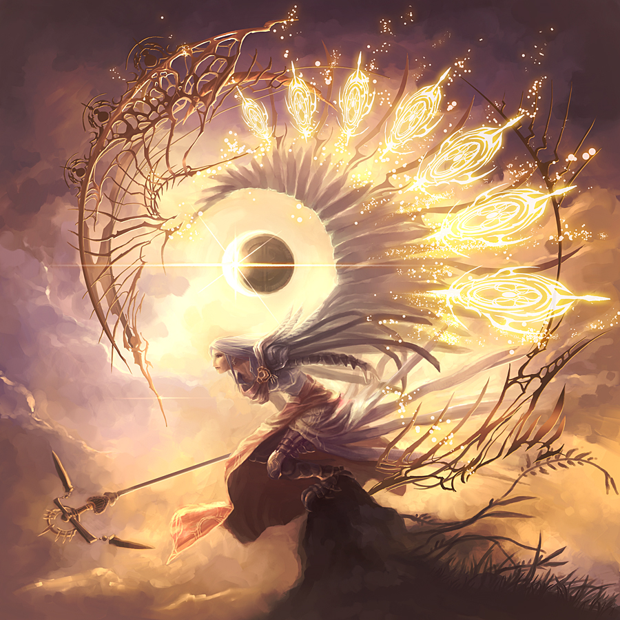 claws, grass, moon, original, staff, sun, white_hair, wings, yuu_(ytkn), yuu_pixiv