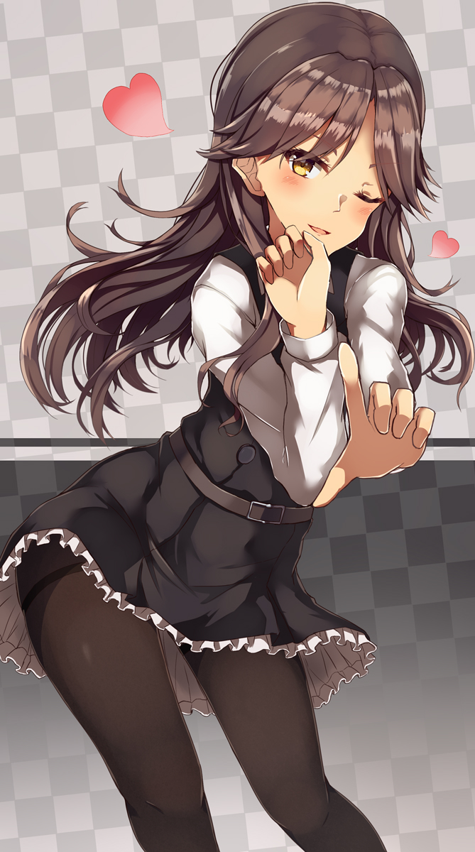 1girl, arashio_(kantai_collection), black_legwear, brown_eyes, brown_hair, checkered, checkered_background, dress, frilled_dress, frills, heart, highres, kantai_collection, long_hair, long_sleeves, natsu_narumi, one_eye_closed, pantyhose, parted_lips, pinafore_dress, solo