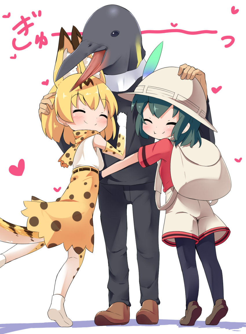 1boy, 2girls, ^_^, animal_ears, backpack, bag, belt, black_hair