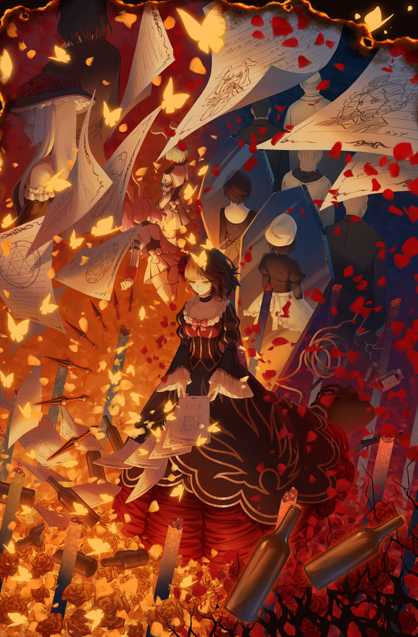 5boys, 6+girls, aluce, animal_ears, aqua_hair, armband, beatrice, black_hair