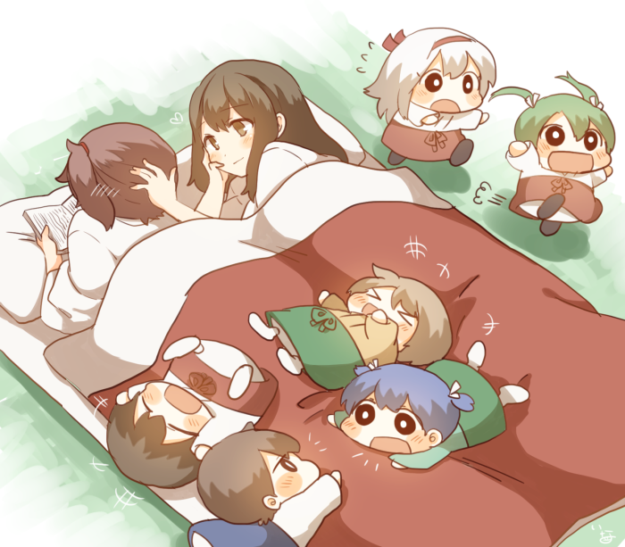 >_<, 6+girls, :d, akagi_(kantai_collection), black_legwear, blue_hakama, blush, blush_stickers