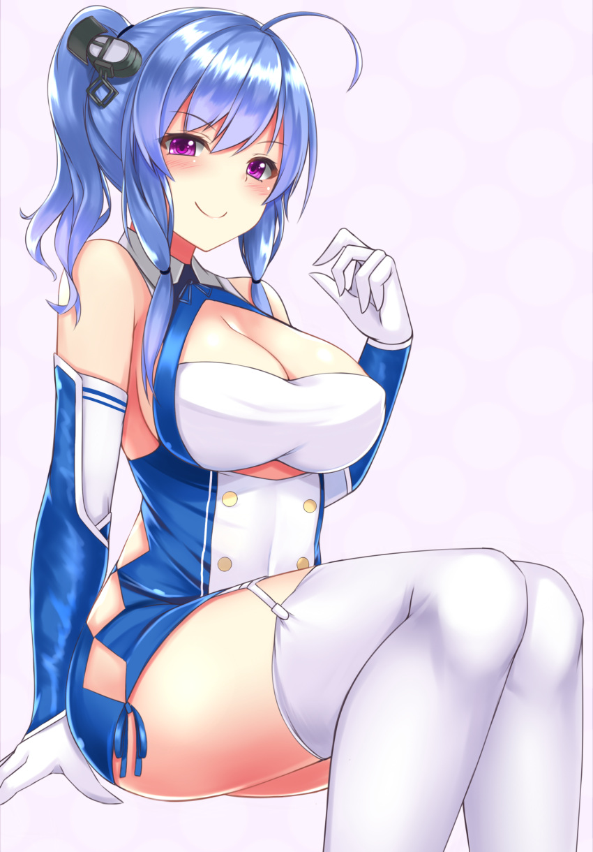 1girl, absurdres, ahoge, azur_lane, blue_hair, blush, breasts, cleavage