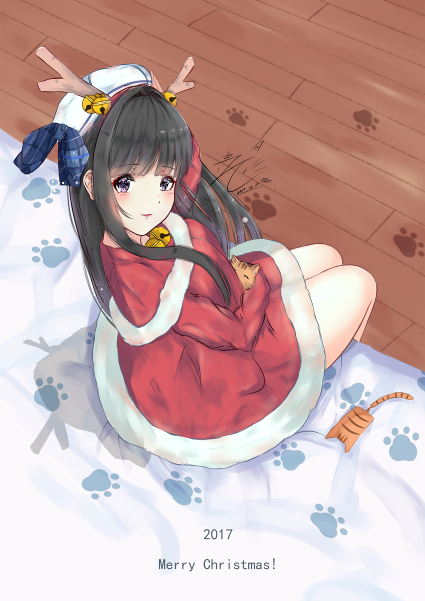1girl, 2017, animal, antlers, arm_up, bangs, bed_sheet, bell