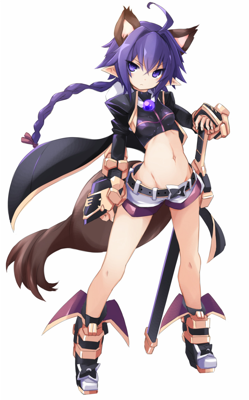 1girl, :<, ahoge, animal_ears, bangs, belt, black_belt, black_footwear, black_jacket, boots, bow, bracer, braid, breasts, clenched_hand, closed_mouth, commentary_request, covered_collarbone, crop_top, crossed_bangs, extra_ears, eyebrows_visible_through_hair, fingernails, floating_hair, groin, hair_between_eyes, hair_intakes, hair_ribbon, halter_top, halterneck, hand_on_hilt, highres, jacket, karukan_(monjya), legs_apart, long_hair, long_sleeves, looking_at_viewer, matsuhime_mujina, midriff, navel, open_clothes, open_jacket, pointy_ears, purple_hair, purple_ribbon, raccoon_ears, raccoon_tail, ribbon, scabbard, serious, sheath, sheathed, shinrabanshou, shiny, shiny_hair, short_shorts, shorts, sidelocks, simple_background, single_braid, slit_pupils, small_breasts, solo, standing, sword, tail, tsurime, v-shaped_eyebrows, violet_eyes, weapon, white_background, white_shorts, wind