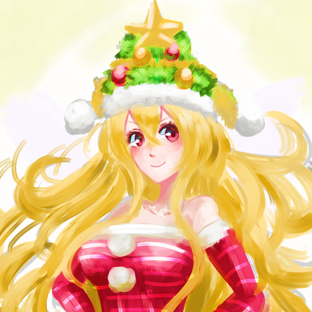 1girl, alternate_costume, bare_shoulders, blonde_hair, breasts, christmas, christmas_dress, christmas_tree