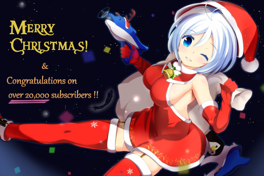 akiiro, blue_eyes, blush, breasts, christmas, dennou_shoujo_youtuber_shiro, elbow_gloves, english, garter_straps, gloves, halterneck, hat, large_breasts, looking_at_viewer, merry_christmas, one_eye_closed, parted_lips, red_gloves, red_hat, red_legwear, santa_costume, santa_hat, shiro_(dennou_shoujo_youtuber_shiro), short_hair, sideboob, smile, thigh-highs, white_hair