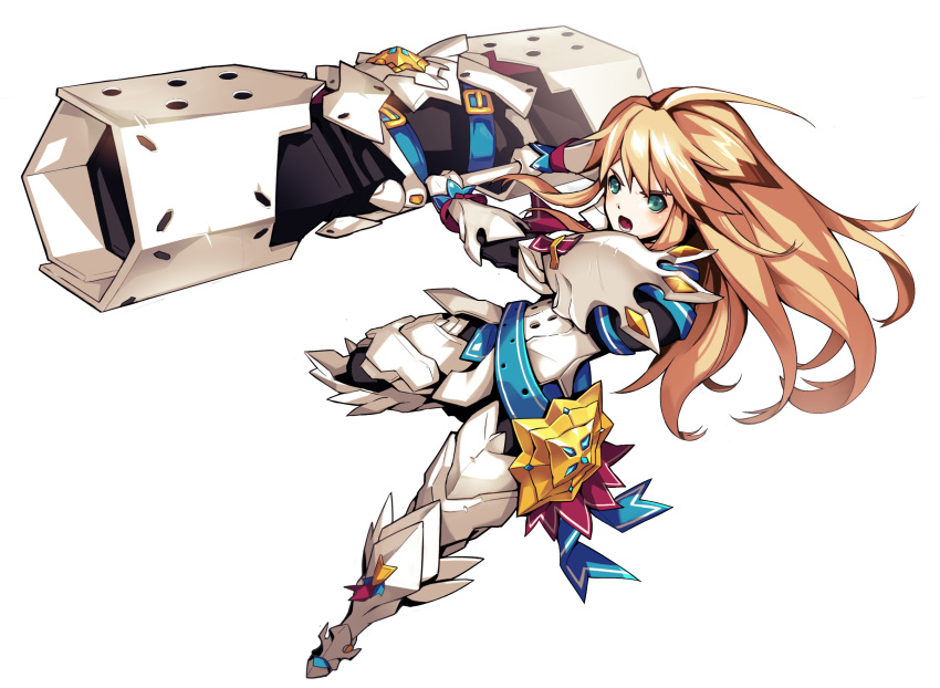 1boy, :o, armor, blonde_hair, blue_eyes, blue_ribbon, boots, cannon