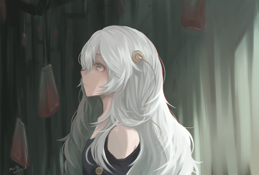 1girl, artist_request, bandage, bangs, blood, blood_bag, blue_dress, blue_eyes
