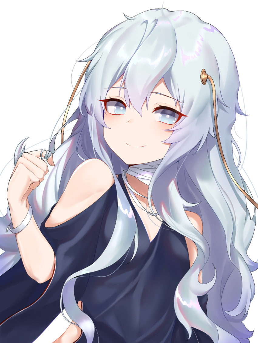 1girl, bandage, bandaged_neck, bangs, blue_dress, blue_eyes, blush, closed_mouth