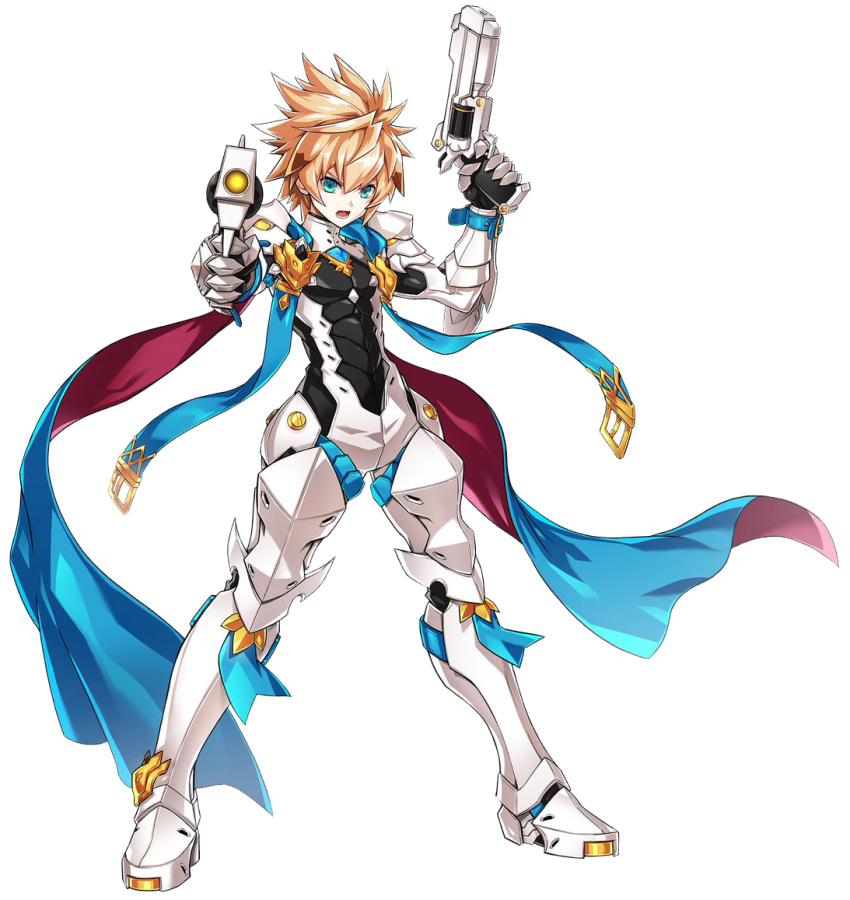 1boy, :o, aiming, armor, blonde_hair, blue_eyes, boots, brown_hair, chung_seiker, deadly_chaser_(elsword), dual_wielding, elsword, full_armor, full_body, gloves, gun, holding, holding_gun, holding_weapon, looking_at_viewer, male_focus, multicolored_hair, official_art, open_mouth, ress, scarf, solo, spiky_hair, standing, streaked_hair, symbol-shaped_pupils, two-tone_hair, weapon