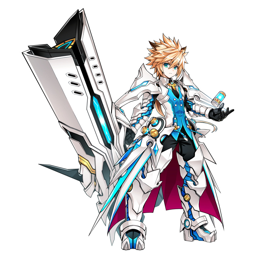 1boy, absurdres, armor, black_hair, black_pants, blonde_hair, blue_eyes, boots, cannon, chung_seiker, closed_mouth, elsword, full_armor, full_body, gloves, highres, huge_weapon, long_hair, looking_at_viewer, male_focus, multicolored_hair, official_art, pants, pauldrons, ress, shell_casing, shiny, shiny_hair, shirt, solo, spiky_hair, standing, streaked_hair, symbol-shaped_pupils, tactical_trooper_(elsword), thigh-highs, thigh_boots, two-tone_hair, weapon