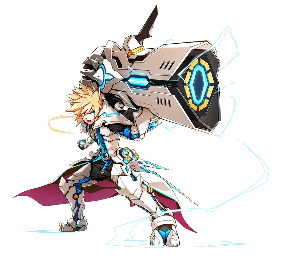 1boy, :o, armor, black_pants, blonde_hair, blue_eyes, boots, cannon, chung_seiker, elsword, fighting_stance, full_armor, full_body, gloves, holding, holding_weapon, huge_weapon, hwansang, long_hair, male_focus, metal_boots, official_art, open_mouth, pants, pauldrons, solo, spiky_hair, surcoat, tactical_trooper_(elsword), thigh-highs, thigh_boots, weapon