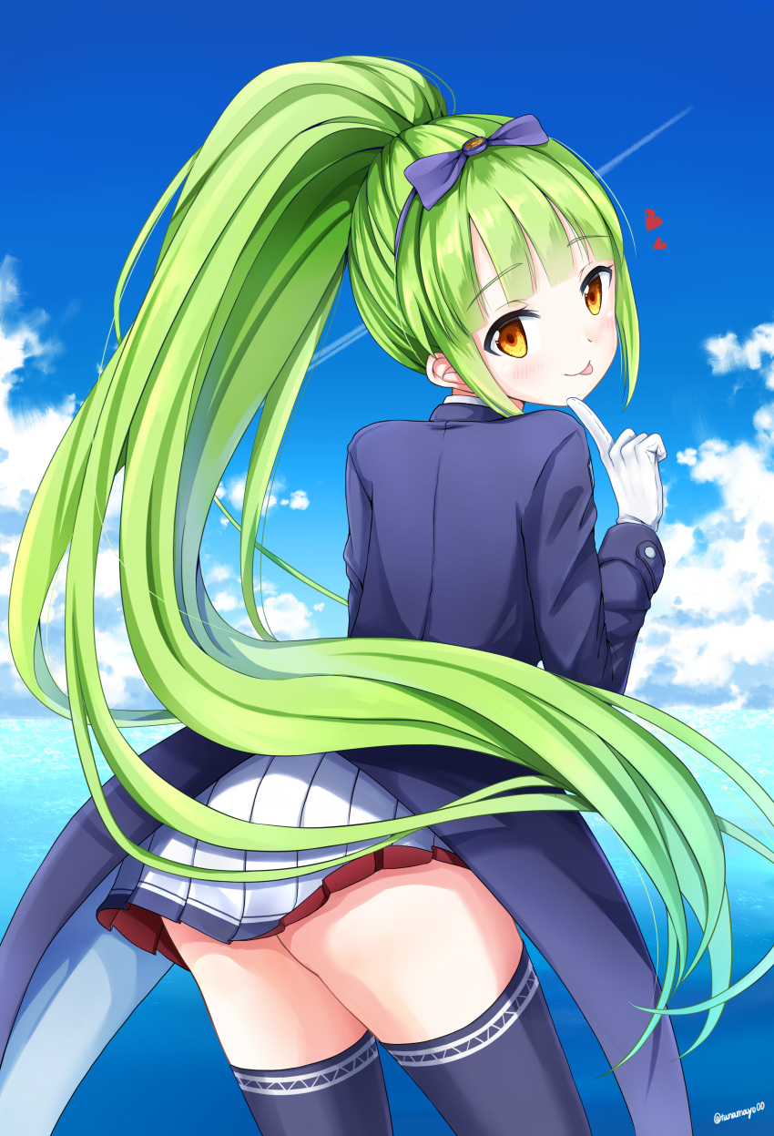 1girl, :p, absurdres, ass, azur_lane, blue_jacket, blue_legwear, blue_ribbon