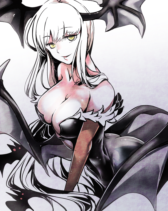 1girl, alternate_color, alternate_eye_color, bare_shoulders, bat, bat_wings, breasts, cleavage, head_wings, large_breasts, leotard, long_hair, looking_at_viewer, morrigan_aensland, panda=hiro, pantyhose, solo, vampire_(game), white_hair, wings, yellow_eyes