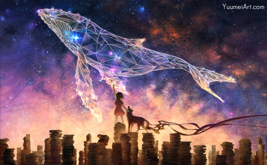 1girl, book_stack, brown_hair, dog, humpback_whale, original, pointing, short_hair