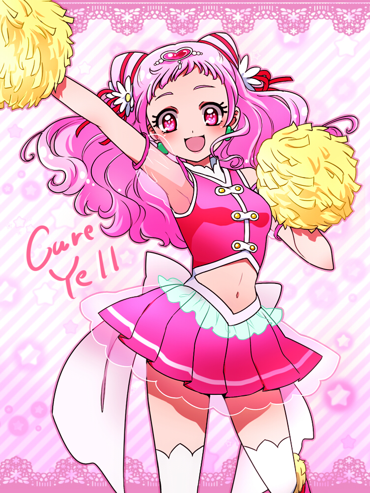 1girl, :d, arm_up, bow, character_name, cure_yell, double_bun, earrings