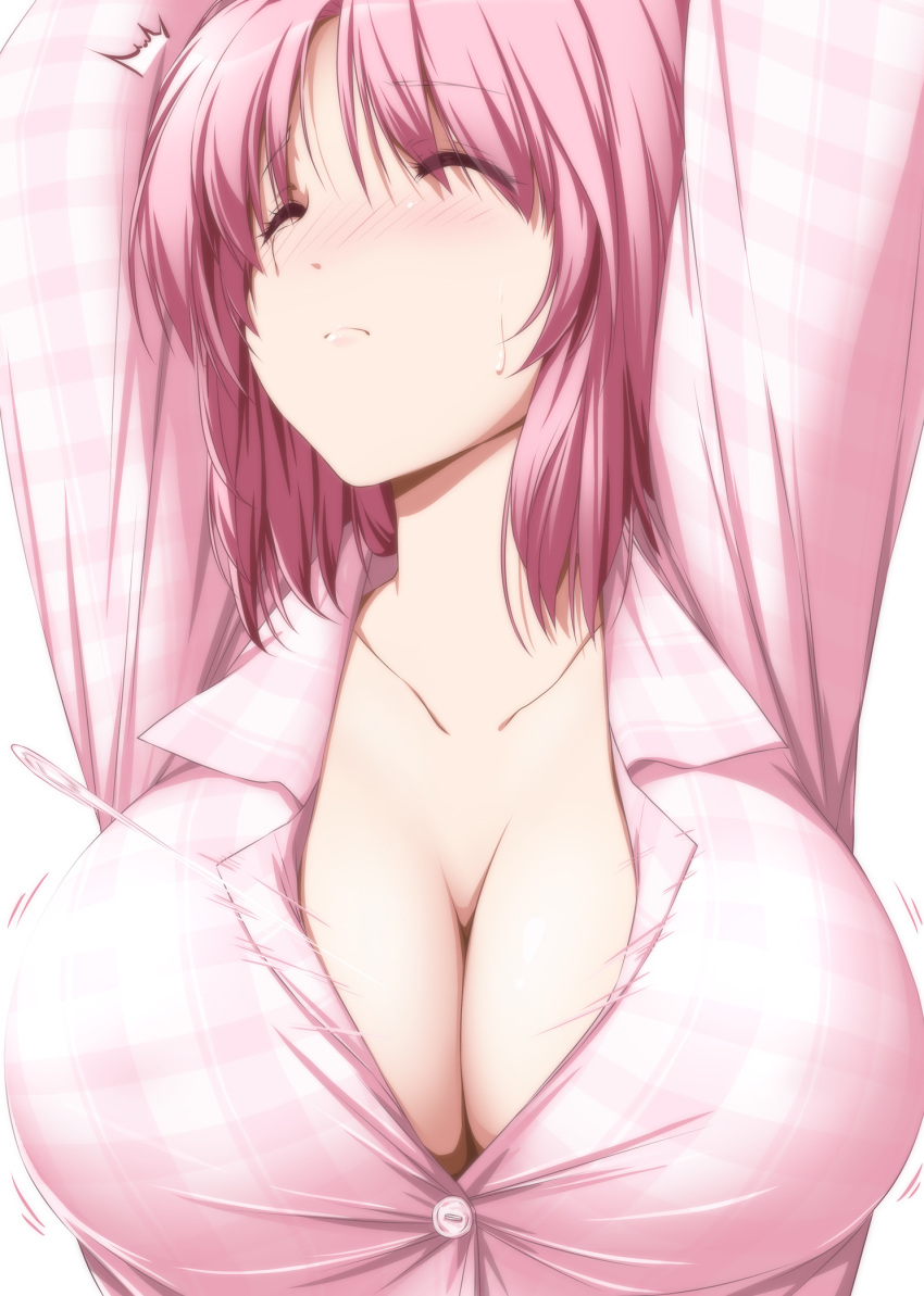 /\/\/\, 1girl, arms_up, bangs, blush, breasts, bursting_breasts, buttons
