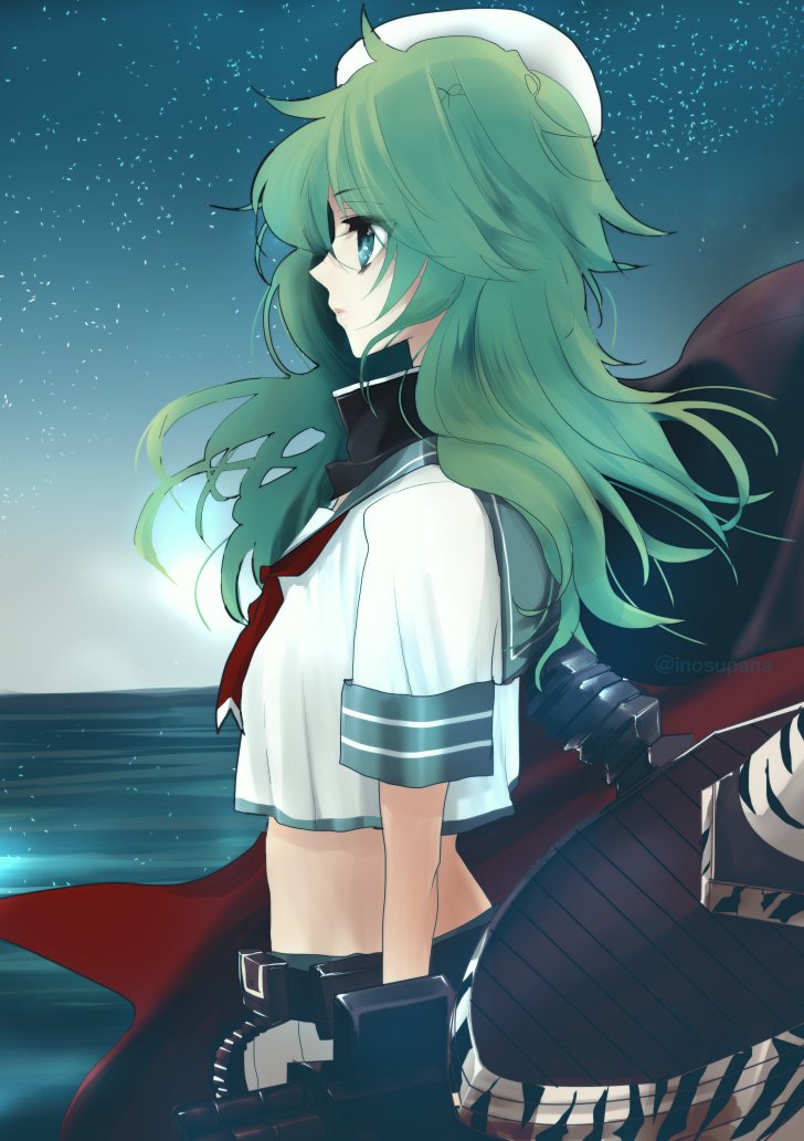 1girl, ammunition_belt, aqua_eyes, camouflage, cape, cowboy_shot, expressionless, eyebrows_visible_through_hair