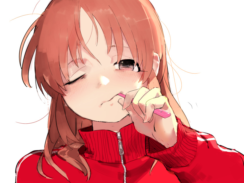 1girl, ;/, abe_nana, alternate_hairstyle, bags_under_eyes, bangs, blush, brushing_teeth