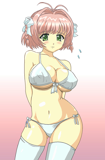 antenna_hair, bare_shoulders, bikini, blush, bow, braid, breasts, green_eyes