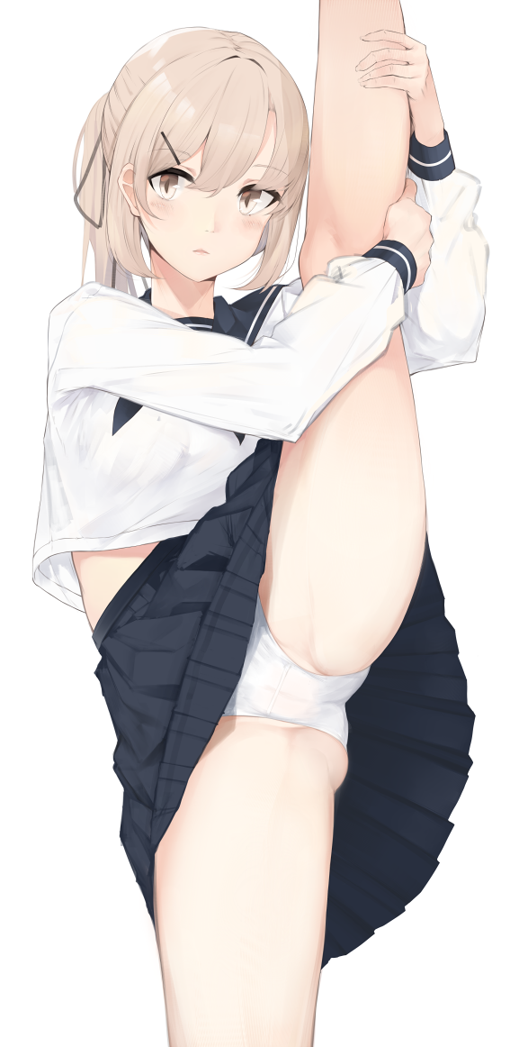 1girl, ass, bangs, black_skirt, blonde_hair, blouse, blush, brown_hair, closed_mouth, cole, crop_top, crop_top_overhang, expressionless, eyebrows_visible_through_hair, groin, hair_ornament, hairclip, half_updo, kneepits, leg_lift, lips, long_hair, long_sleeves, looking_at_viewer, original, panties, pleated_skirt, ponytail, school_uniform, serafuku, simple_background, skirt, solo, split, standing_split, thighs, underwear, upskirt, white_background, white_blouse, white_panties, yellow_eyes