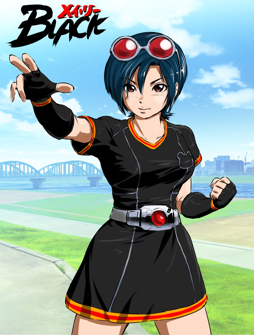 1girl, alternate_costume, belt, blue_hair, breasts, brown_eyes, eyewear_on_head, fingerless_gloves