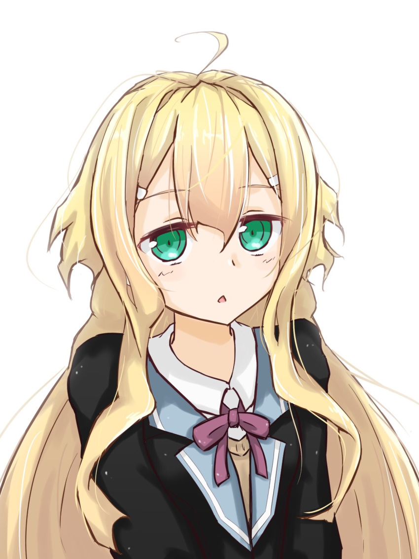 1girl, ahoge, bangs, black_blazer, blazer, blonde_hair, blush, bow