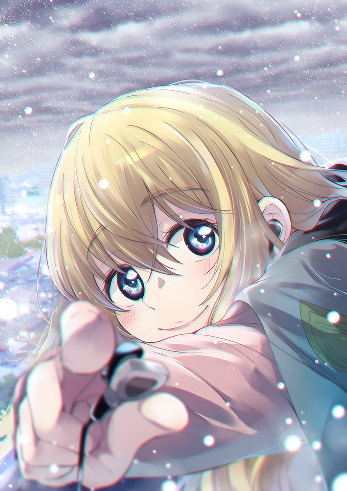 1girl, blonde_hair, blue_eyes, blurry, blush, clouds, cloudy_sky, depth_of_field, earphones, kaltoma, looking_at_viewer, miyazono_kawori, shigatsu_wa_kimi_no_uso, sky, smile, snow, upper_body