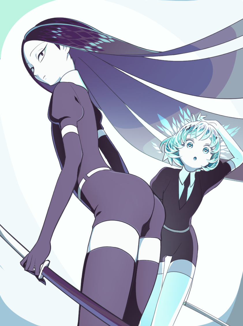 androgynous, black_eyes, black_gloves, black_hair, black_legwear, black_neckwear, black_shorts, bort