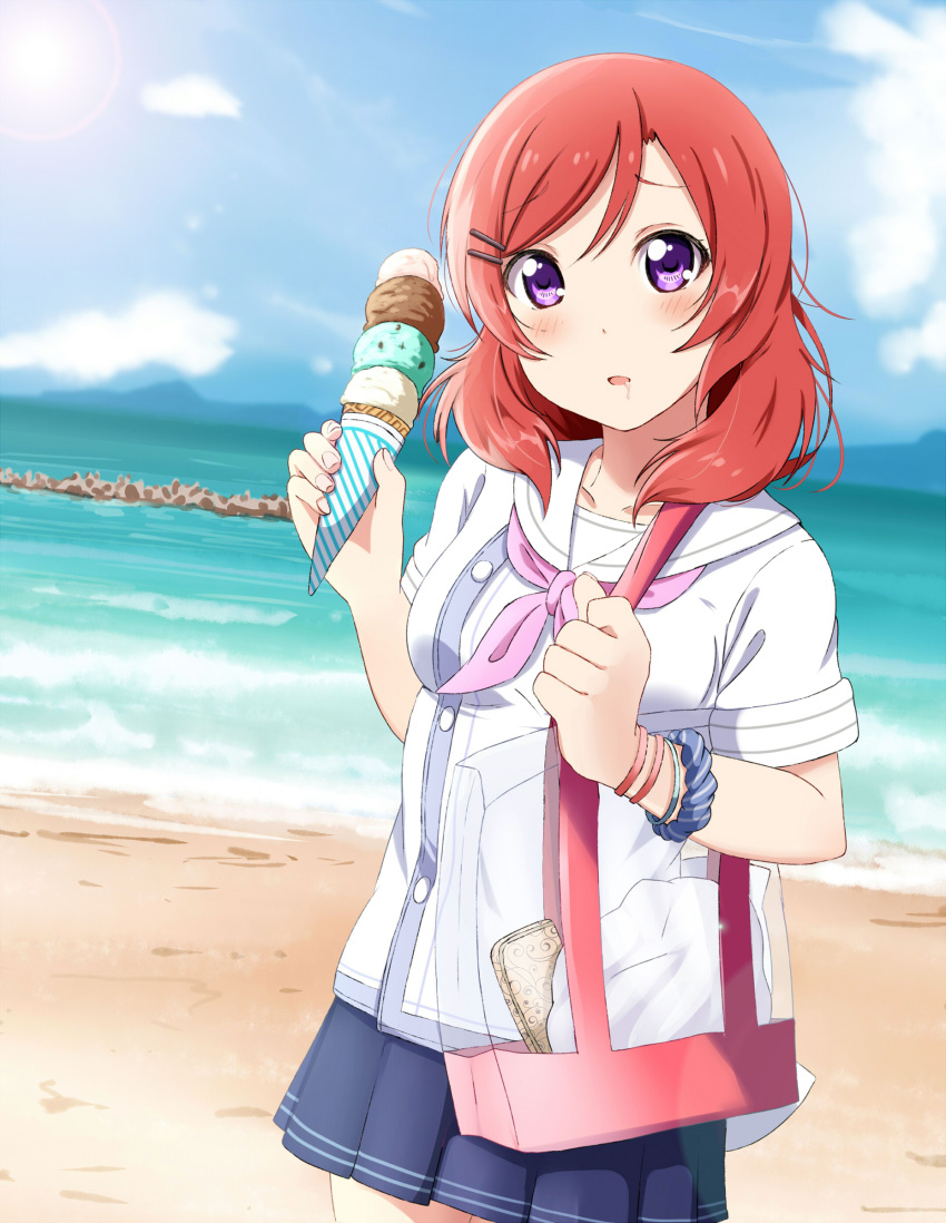 1girl, absurdres, bag, bangs, beach, blue_skirt, blue_sky, blush, bracelet, breasts, chocolate_ice_cream, clouds, cloudy_sky, commentary_request, day, diagonal_stripes, eyebrows_visible_through_hair, food, hair_ornament, hairclip, highres, holding, horizon, ice_cream, ice_cream_cone, jewelry, lens_flare, looking_at_viewer, love_live!, love_live!_school_idol_project, medium_breasts, mountainous_horizon, neckerchief, nishikino_maki, ocean, open_mouth, outdoors, pink_neckwear, pleated_skirt, redhead, sand, scenery, scrunchie, shiokazunoko, shore, short_hair, shoulder_bag, skirt, sky, solo, standing, sunlight, vanilla_ice_cream, waffle_cone