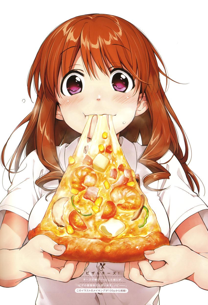 1girl, :t, artist_name, bell_pepper, blush, breasts, brown_hair, cheese_trail, dress_shirt, eating, food, highres, holding, holding_food, holding_pizza, kawai_makoto, koufuku_graffiti, large_breasts, machiko_ryou, meat, official_art, pepper, pink_eyes, pizza, shirt, short_sleeves, shrimp, slice_of_pizza, solo, tomato, upper_body, watermark, white_background