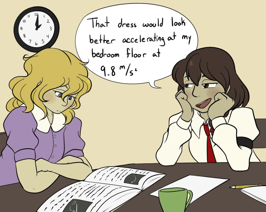 2girls, :d, blonde_hair, blush, book, brown_eyes, brown_hair, clock