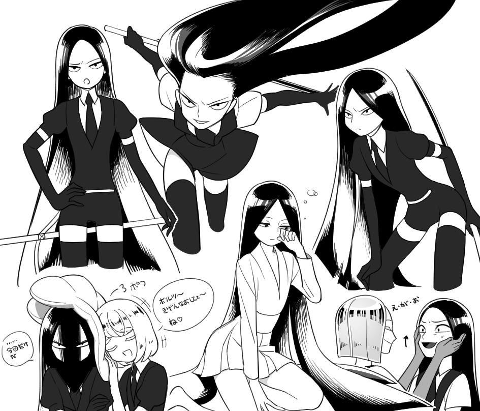 androgynous, black_gloves, black_hair, black_legwear, black_neckwear, black_shorts, bort, closed_eyes, diamond_(houseki_no_kuni), elbow_gloves, gem_uniform_(houseki_no_kuni), gloves, houseki_no_kuni, long_hair, monochrome, necktie, pillow, shirt, short_hair, short_sleeves, shorts, sleepy, smile, suspender_shorts, suspenders, sword, thigh-highs, weapon, white_shirt, yellow_diamond_(houseki_no_kuni), yokoshima_mingu