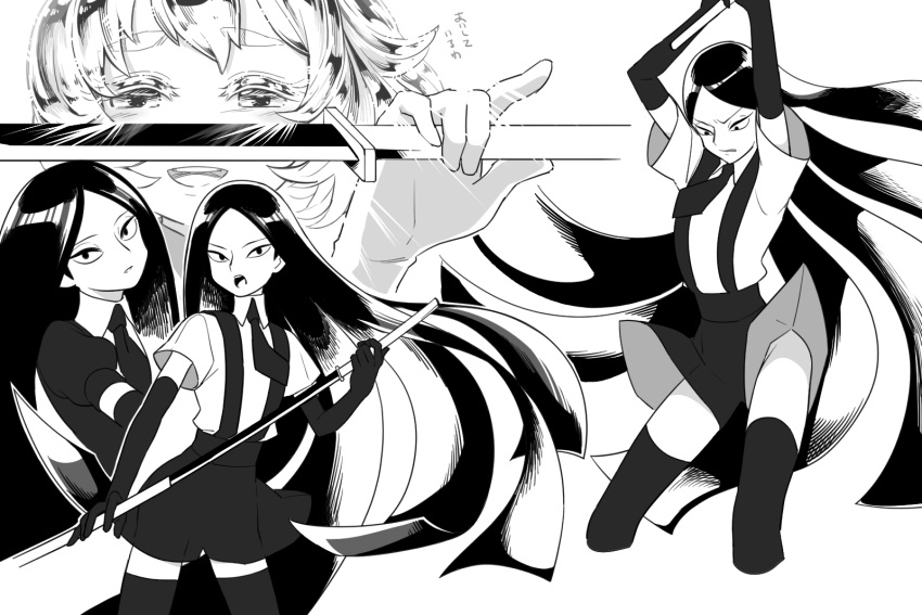 androgynous, black_gloves, black_hair, black_legwear, black_neckwear, bort, diamond_(houseki_no_kuni), elbow_gloves