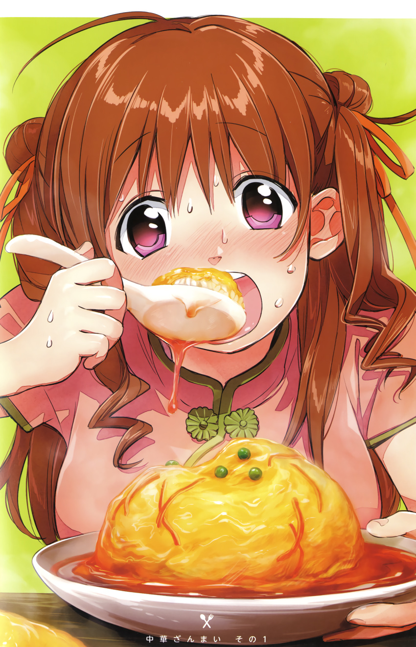 1girl, :o, ahoge, bangs, blush, bowl, brown_hair, chinese_spoon, dripping, eyebrows_visible_through_hair, food, full-face_blush, green_background, hair_ribbon, highres, holding, holding_plate, holding_spoon, kawai_makoto, koufuku_graffiti, long_hair, looking_at_viewer, machiko_ryou, nose_blush, open_mouth, orange_ribbon, pink_eyes, pink_shirt, plate, ribbon, round_teeth, shiny, shiny_hair, shirt, short_sleeves, solo, sweat, sweating, teeth