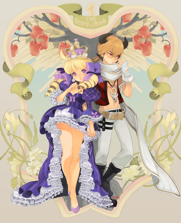 1boy, 1girl, apple, art_nouveau, belt, beltskirt, blonde_hair, boots
