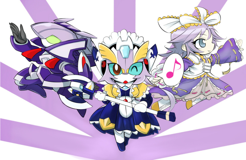 1girl, artist_request, axe, blue_eyes, bow, brown_eyes, chibi, commentary_request, fairlion, green_eyes, gundam, hair_bow, latooni_subota, lolita_fashion, looking_at_viewer, maid_headdress, mecha, musical_note, one_eye_closed, purple_hair, sd_gundam, smile, spoken_musical_note, super_robot_wars, super_robot_wars_original_generation, wide_sleeves