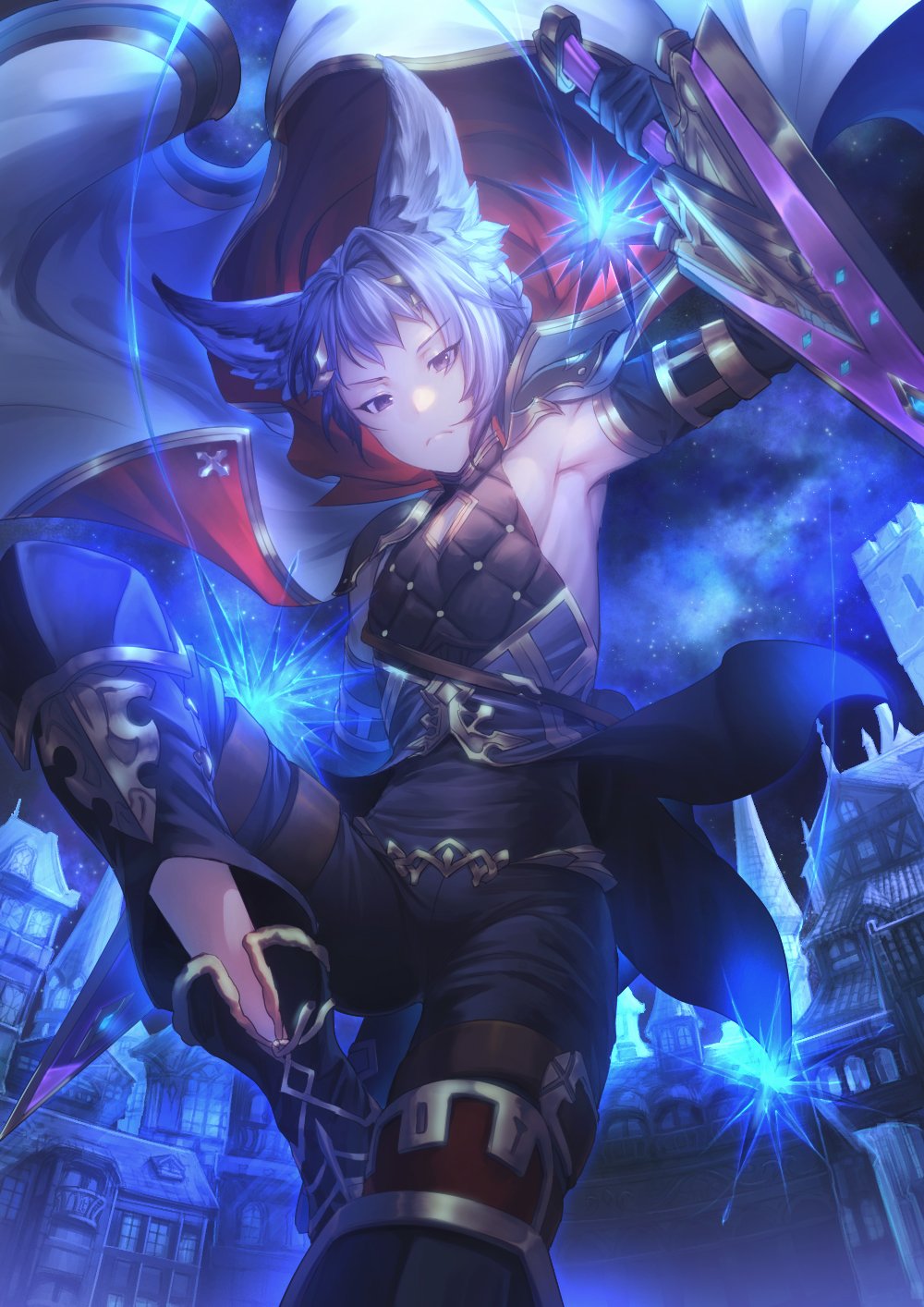 1boy, animal_ears, armpits, bare_shoulders, braid, building, cape, cat_ears, dagger, erun_(granblue_fantasy), granblue_fantasy, hair_intakes, hair_ornament, highres, long_hair, male_focus, nitou25, outdoors, purple_hair, quatre_(granblue_fantasy), solo, violet_eyes, weapon