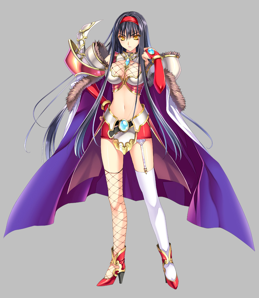black_hair, breasts, cape, chi_you, chinese_mythology, cleavage, hairband, large_breasts, legs, long_hair, midriff, navel, riv, solo, standing, thigh-highs, thighhighs, very_long_hair, yellow_eyes, yujie_shenji