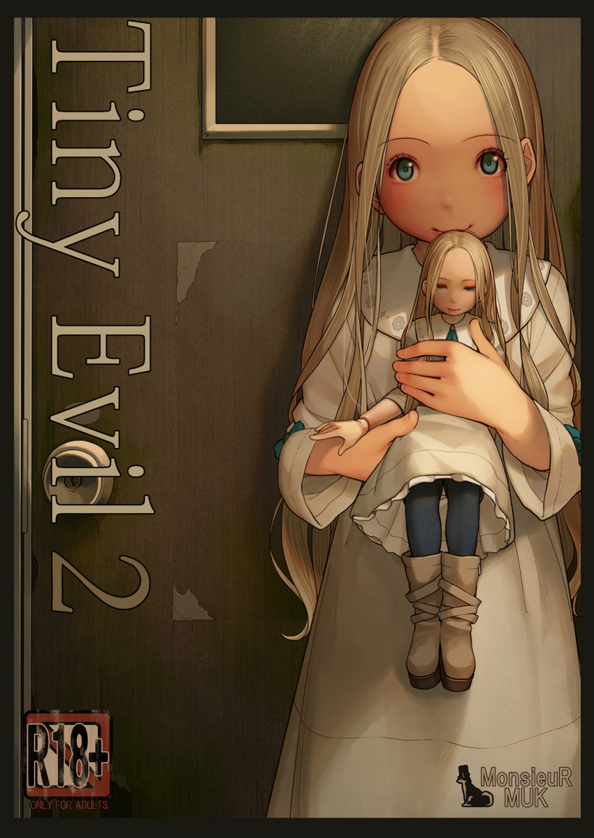 1girl, artist_name, blonde_hair, blue_eyes, blue_pants, boots, closed_mouth, doll