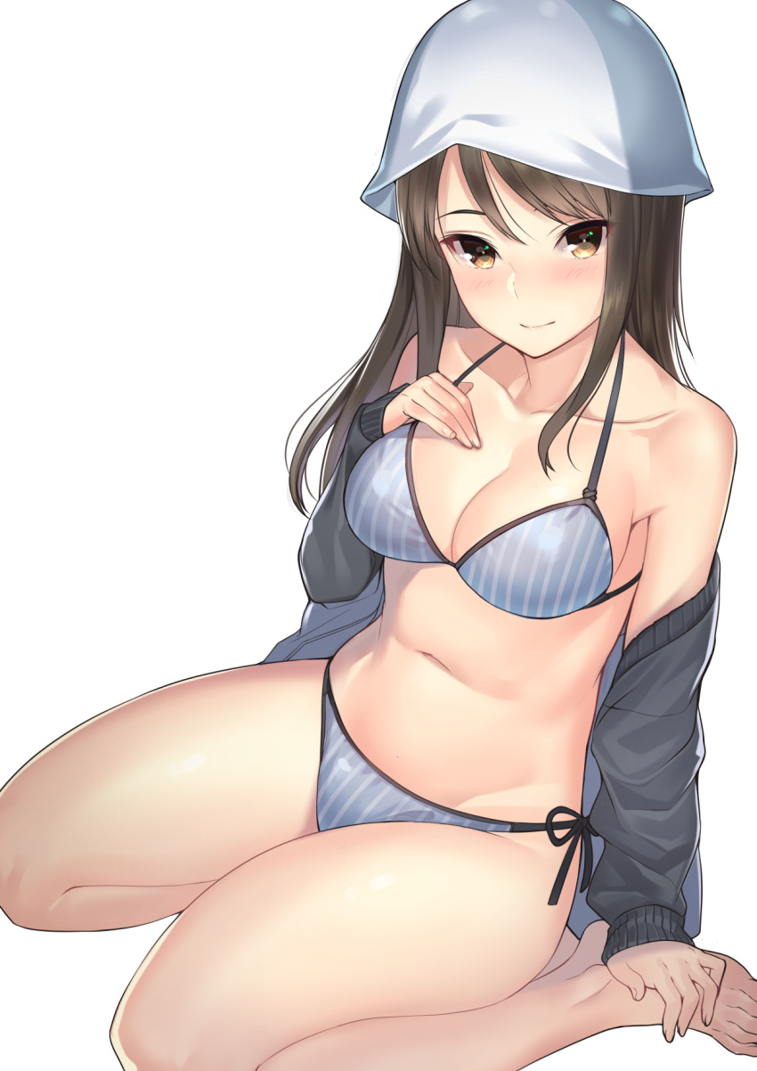 1girl, bare_shoulders, barefoot, bikini, black_jacket, breasts, brown_eyes, brown_hair, collarbone, girls_und_panzer, grey_bikini, hat, highres, jacket, kagematsuri, keizoku_military_uniform, lips, long_hair, looking_at_viewer, medium_breasts, mika_(girls_und_panzer), military, military_uniform, navel, off_shoulder, open_clothes, open_jacket, side-tie_bikini, simple_background, sitting, smile, solo, striped, striped_bikini, swimsuit, uniform, vertical-striped_bikini, vertical_stripes, wariza, white_background