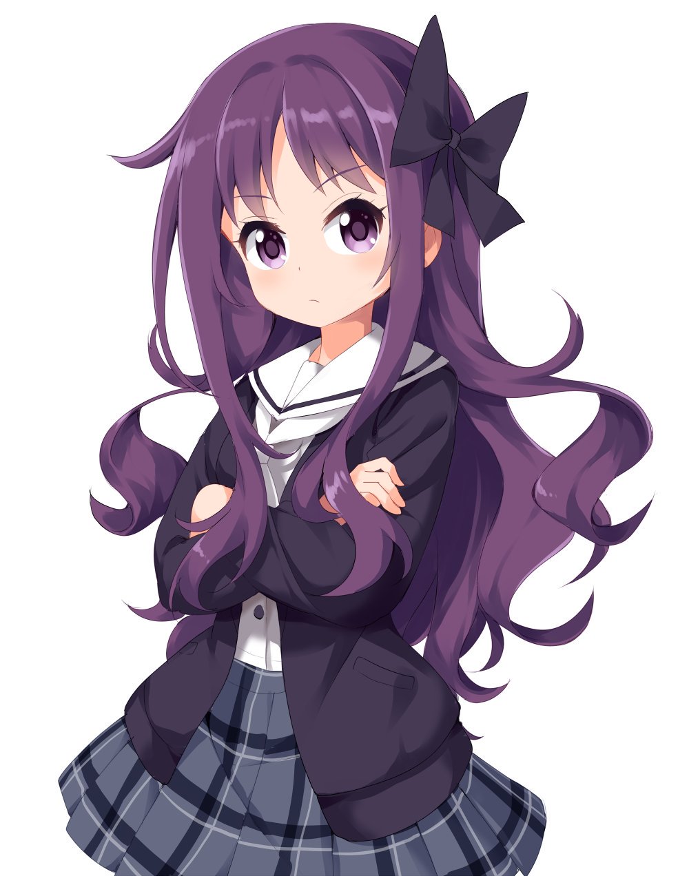 1girl, :/, black_bow, bow, crossed_arms, hair_bow, hanayamata, highres