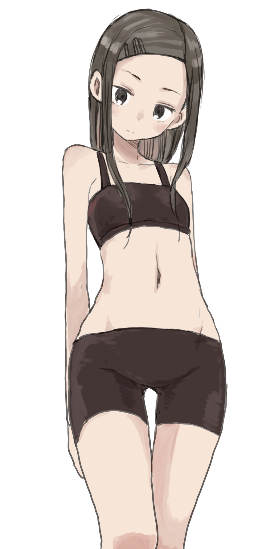 1girl, absurdres, arms_behind_back, bare_arms, bare_legs, bare_shoulders, bike_shorts, black_eyes