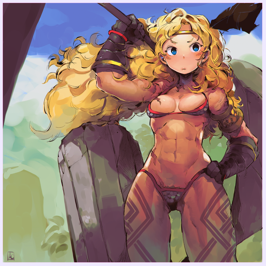 1girl, abs, amazon_(dragon's_crown), arm_up, armor, artist_request, bangs, bare_shoulders