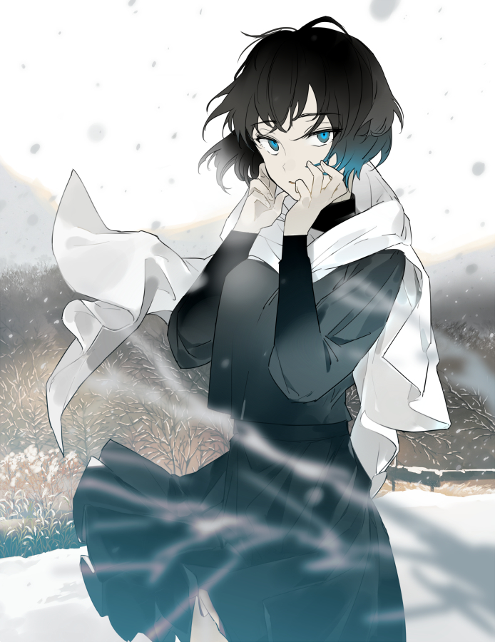 1girl, black_hair, black_shirt, black_skirt, blue_eyes, cowboy_shot, hands_on_own_face, hands_up