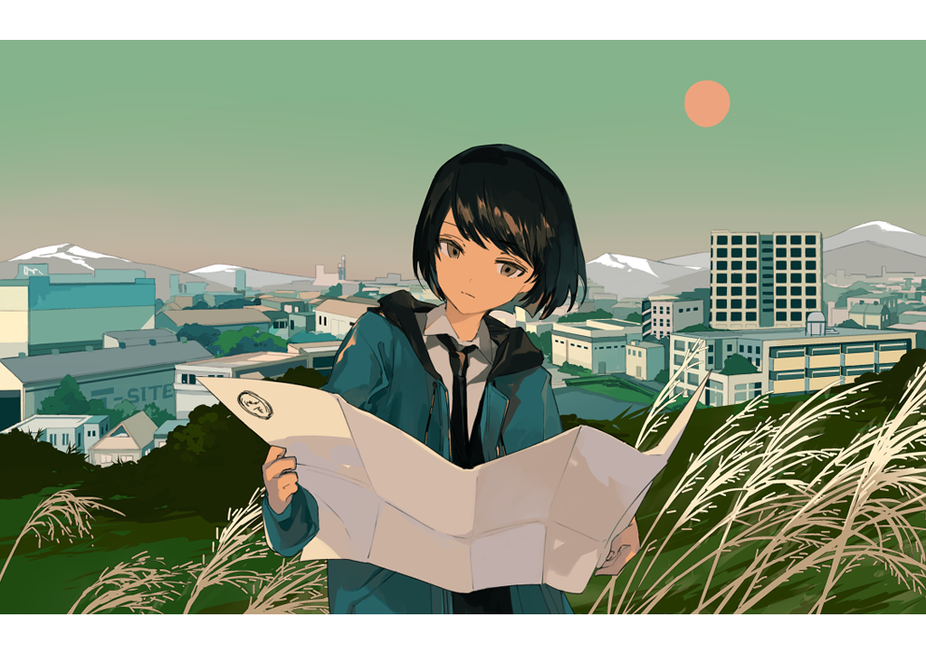 1girl, black_neckwear, blue_hoodie, brown_eyes, brown_hair, cityscape, closed, collared_shirt